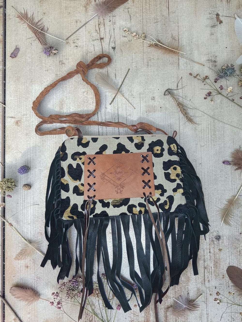 Leopard Fringe Crossbody Earth Bag with Tan Leather Accent
